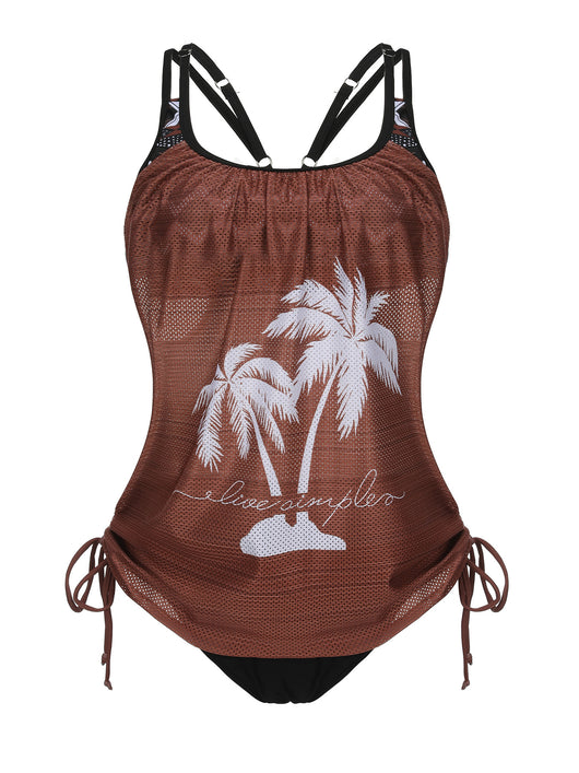 Olive green tankini top with white palm trees and 'live simple' text, paired with black swim bottoms on a beach. - Image 15