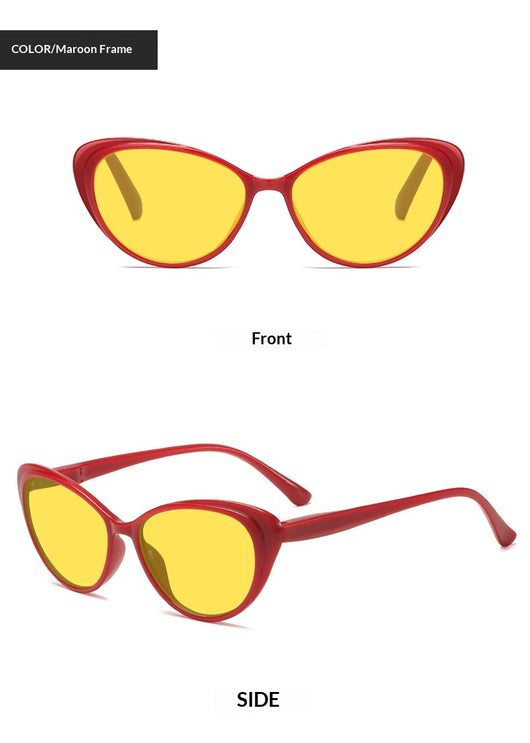 Retro cat-eye sunglasses with bright black frames and yellow night vision lenses on a white background. - Image 17
