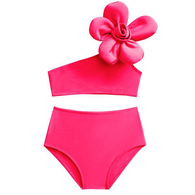 Red children's split swimsuit with a one-shoulder top featuring a large decorative flower and high-waisted bottoms. - Image 12