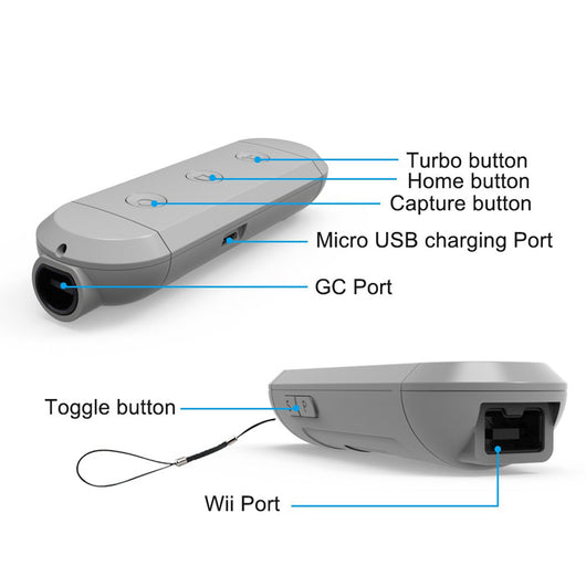 Gray wireless controller converter with GC Port, Wii Port, Micro USB, Turbo, Home, Capture, and Toggle buttons. - Image 14