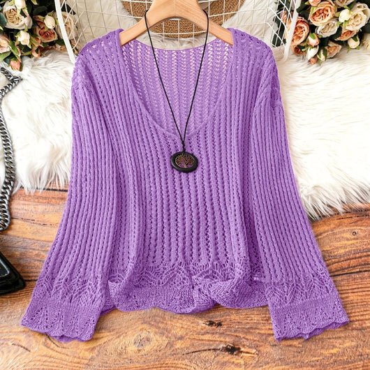 Suéter Calado Talla Grande para Mujer - Manga Larga Tejida Cuello V - Image 7