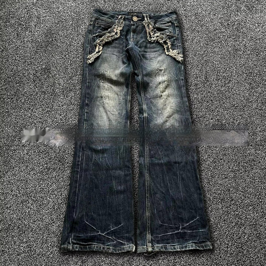 Pantalones Acampanados Denim Vintage con Bordados - Estilo Retro Lavado - Image 5