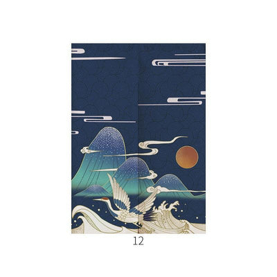 Japanese style noren door curtain with two red and blue Ukiyo-e koi fish on a cream wave pattern background. - Image 38