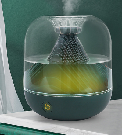 Red USB rechargeable humidifier with a clear dome top and a unique mountain-shaped interior design. - Image 6
