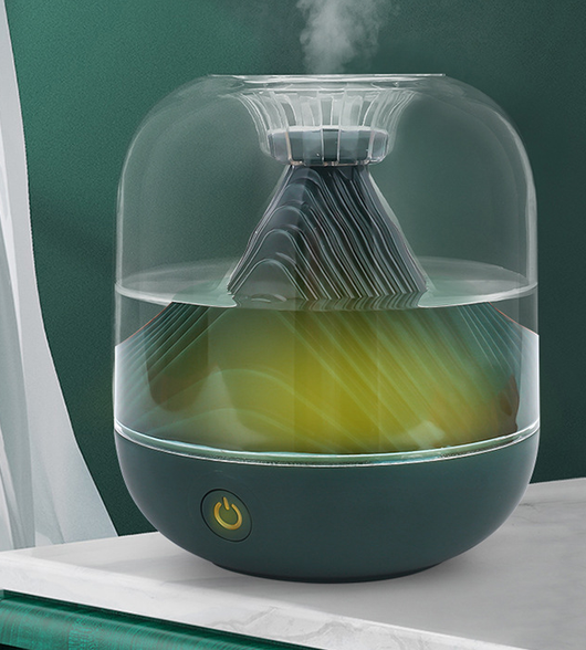 Red USB rechargeable humidifier with a clear dome top and a unique mountain-shaped interior design. - Image 6