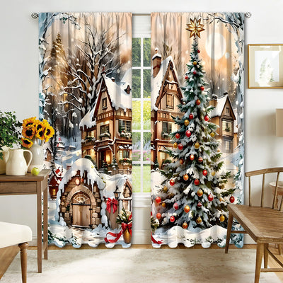 Christmas curtain with a snowy village scene, Santa Claus, flying reindeer, and piles of wrapped gifts. - Image 15