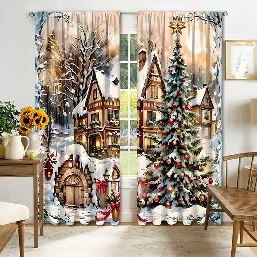 Christmas curtain with a snowy village scene, Santa Claus, flying reindeer, and piles of wrapped gifts. - Image 15