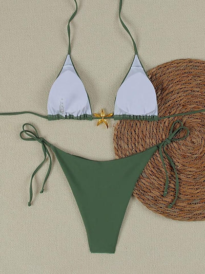 White women's bikini with triangle top and tie-side bottom, featuring a gold starfish charm on the center front. - Image 45
