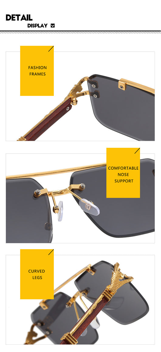 Pink gradient frameless square sunglasses with a double beam, gold-tone hardware, and dark wood-look temples. - Image 16