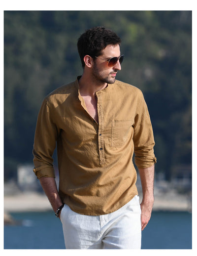 Camisa Casual de Lino y Algodón con Cuello Mao para Hombre