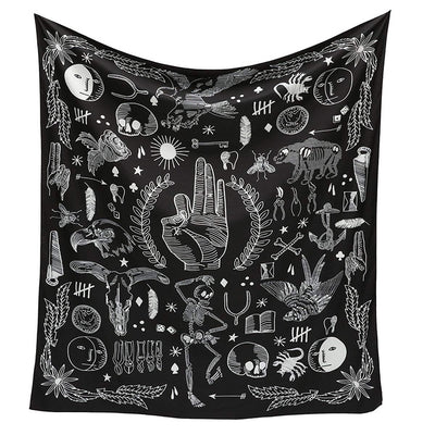 Black tapestry with white constellations and a large grey moon hanging above a bed in a bedroom. - Image 25