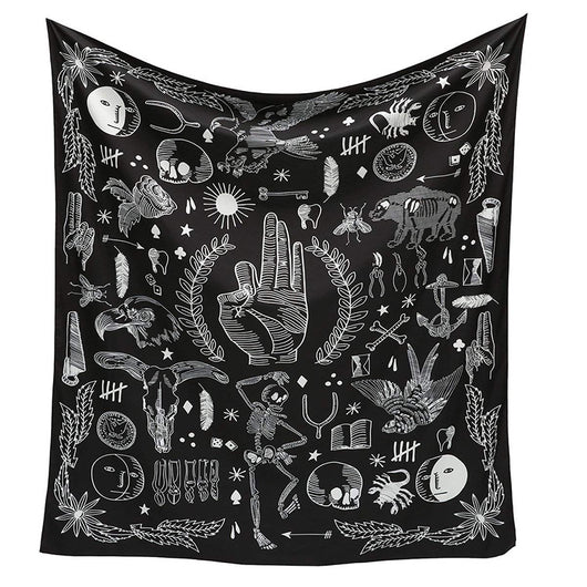 Black tapestry with white constellations and a large grey moon hanging above a bed in a bedroom. - Image 25