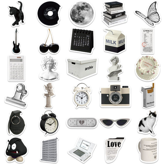 61 black and white aesthetic stickers featuring various objects like cameras, cats, skulls, and text for personalization. - Image 12