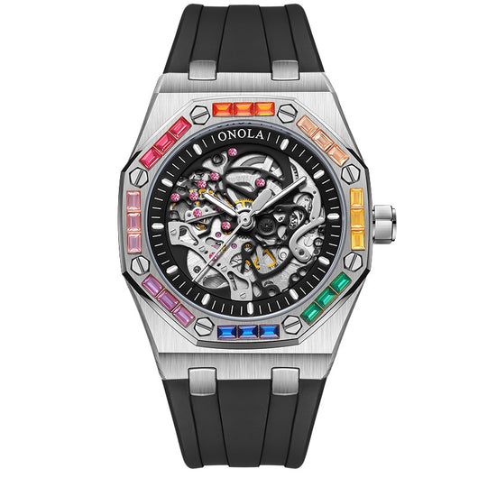 Reloj Automático para Hombre con Banda de Silicona Arcoíris y Diamantes - Image 8