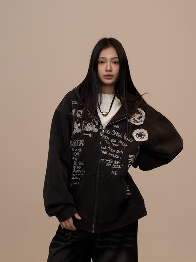 Sudadera Mujer con Capucha y Cierre - Estampado de Letras Negro - Image 25