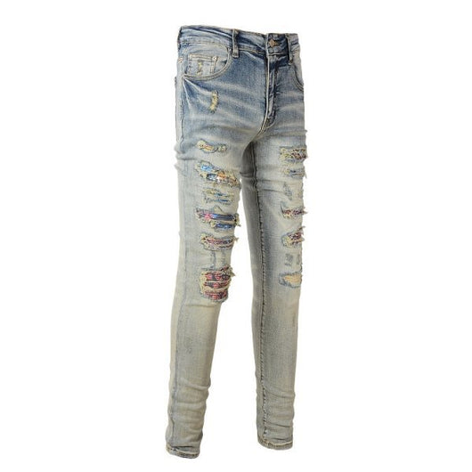 Pantalones Vaqueros Vintage Rotos para Hombre con Estampado de Gato y Parches - Image 9