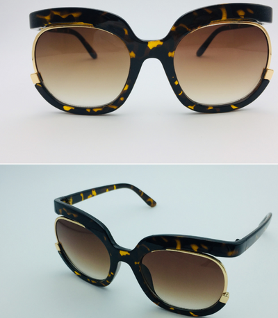 Black cat-eye half-frame sunglasses with gold accents and purple-grey gradient lenses, shown from front and side. - Image 19