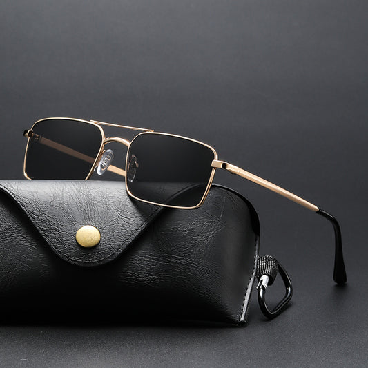 Black rectangular sunglasses with a double beam and dark gray lenses, angled on a white background. - Image 2