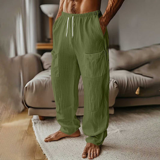 Pantalones Casuales de Algodón y Lino con Cintura Elástica y Bolsillos Múltiples