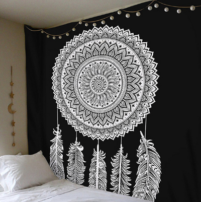 Black and white mandala tapestry with intricate geometric patterns hanging above a bed in a bedroom. - Image 11