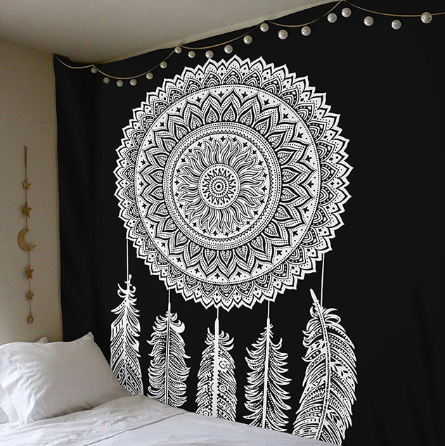 Black and white mandala tapestry with intricate geometric patterns hanging above a bed in a bedroom. - Image 11