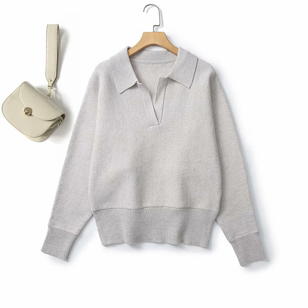 Suéter Polo Cuello V Manga Murciélago Lana Mezclada para Mujer