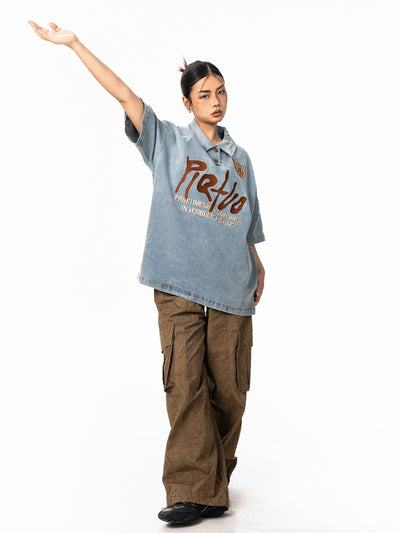 Camisa Denim Bordada Manga Corta Retro Oversize Neutral - Image 10