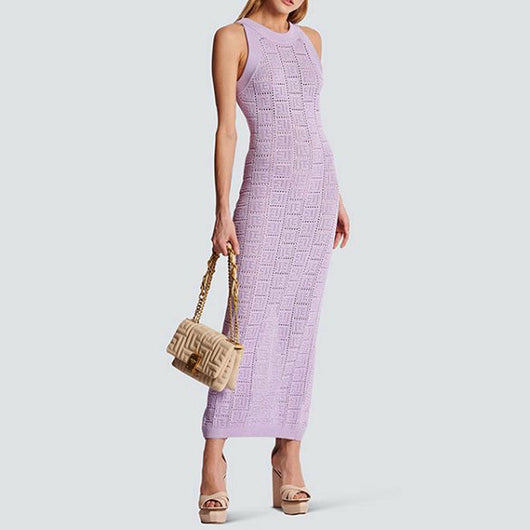Chaleco Vestido Tejido Calado Manga Larga Cuello Redondo