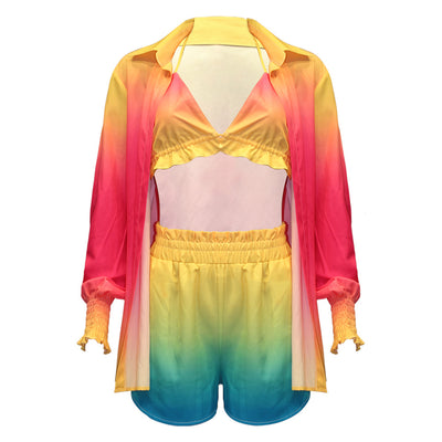 Women's three-piece beachwear set with neon yellow bikini top, floral print long-sleeve shirt, and matching shorts. - Image 12