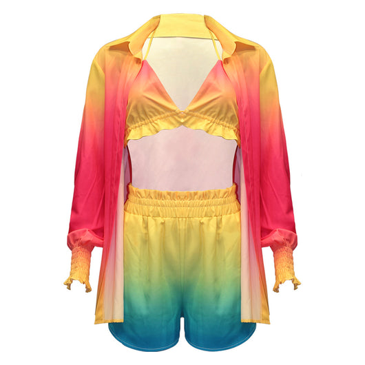 Women's three-piece beachwear set with neon yellow bikini top, floral print long-sleeve shirt, and matching shorts. - Image 12