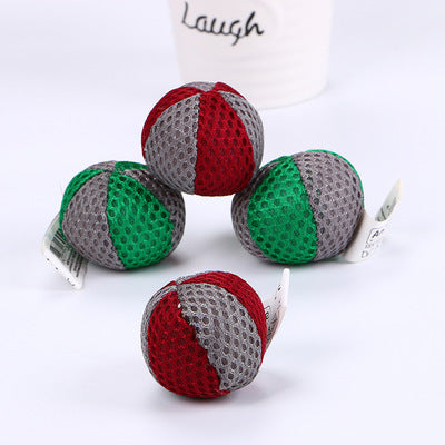 Four mesh catnip toy balls, two red and gray, two green and gray, with visible product tags.