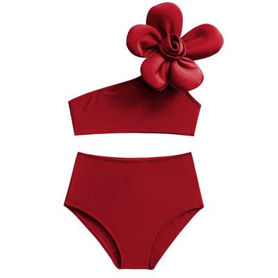 Red children's split swimsuit with a one-shoulder top featuring a large decorative flower and high-waisted bottoms. - Image 19