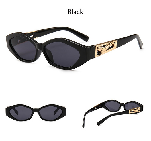 Angular cat-eye sunglasses with a tortoiseshell frame, brown gradient lenses, and gold jumping cheetah temple details. - Image 4