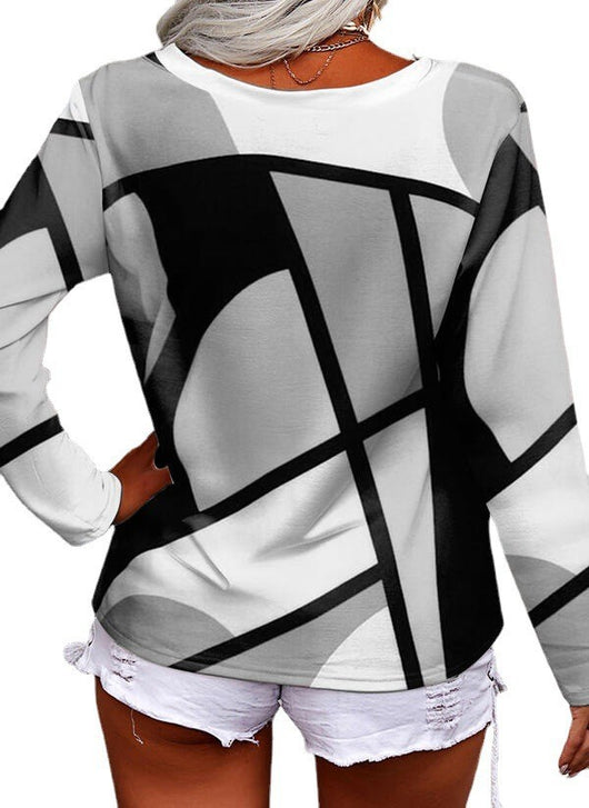 Blusa Suelta de Cuello V Manga Larga con Estampado Geométrico - Image 7