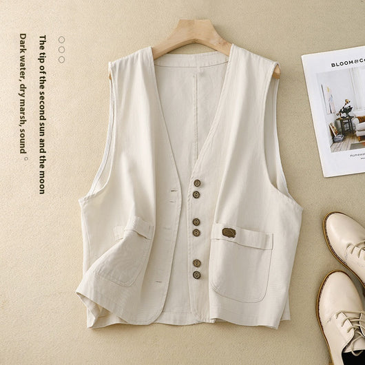 Chaleco Retro Coreano Mujer en Algodón y Lino - Image 3