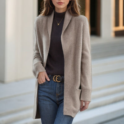 Cardigan de Punto con Cuello Polo Liso para Mujer con Bolsillos