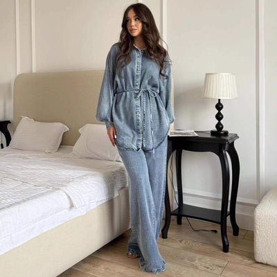 Chaqueta Denim Suelta con Cintura Anudada y Botones para Mujer - Image 18