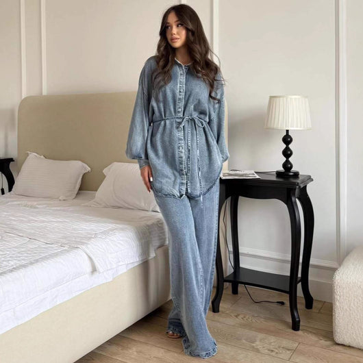 Chaqueta Denim Suelta con Cintura Anudada y Botones para Mujer - Image 18