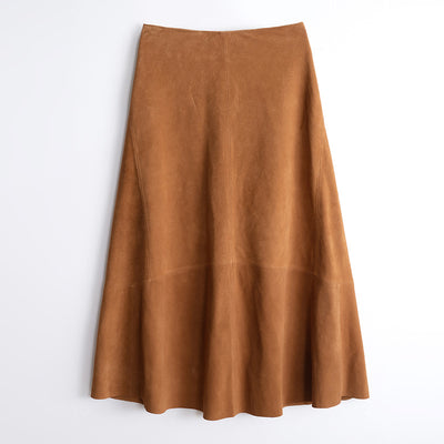 Falda Larga Minimalista de Gamuza de Oveja Cintura Alta Hasta la Rodilla - Image 4
