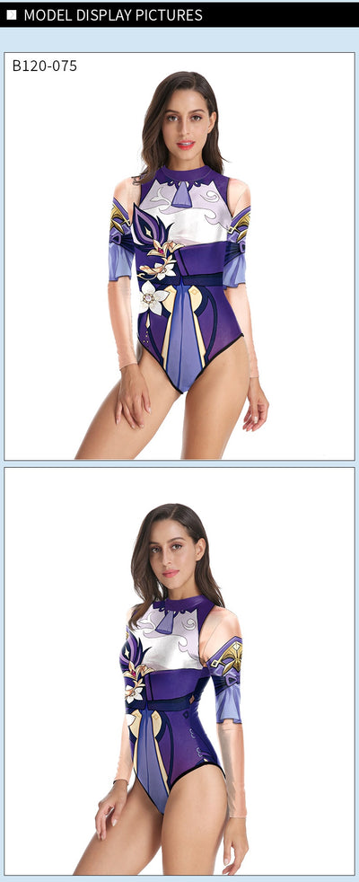 Women's long sleeve bodysuit with 3D digital iridescent mermaid scales print and sheer illusion neckline. - Image 10