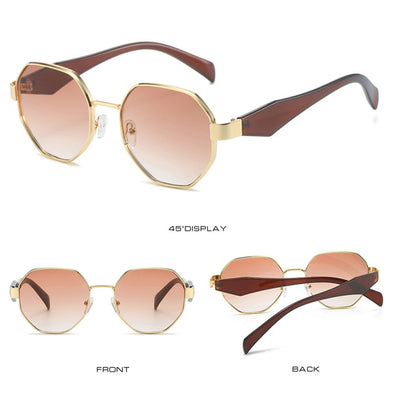 Polygonal sunglasses with a gold metal frame, beige temples, and dark black-gray lenses on a white background. - Image 4