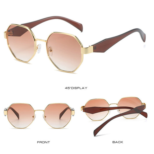 Polygonal sunglasses with a gold metal frame, beige temples, and dark black-gray lenses on a white background. - Image 4