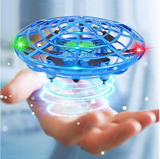 Gold mini UFO drone with a spherical protective cage and black propellers, sold as a 3-piece set.