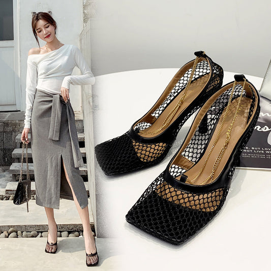 Tacones Altos Sandalias de Malla con Punta Cuadrada