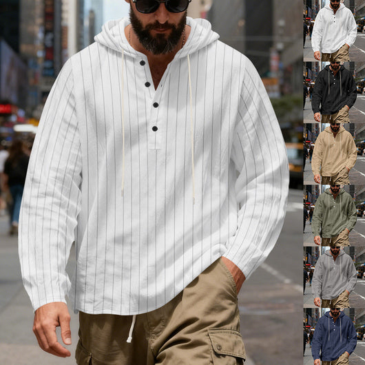 Camisa Lino Holgada Talla Grande Hombre a Rayas con Capucha
