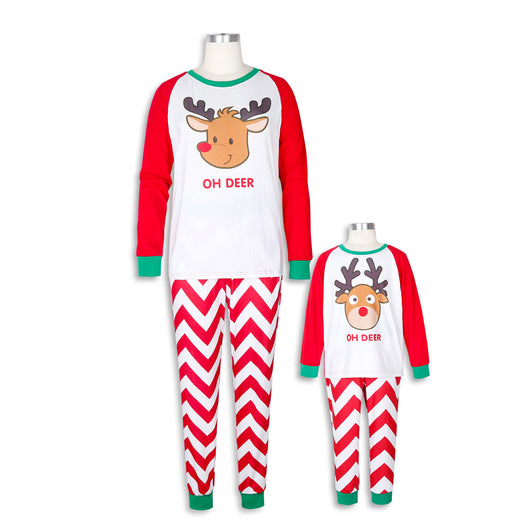 Red and white parent-child pajama set with a reindeer graphic top and chevron stripe pants, green cuffs. - Image 3