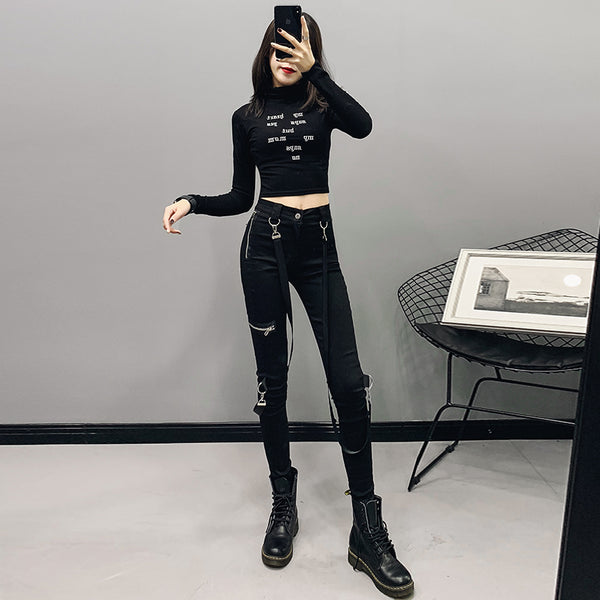 Pantalones Negros Cintura Alta Elásticos Ajustados para Mujer