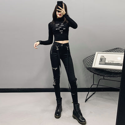 Pantalones Negros Cintura Alta Elásticos Ajustados para Mujer
