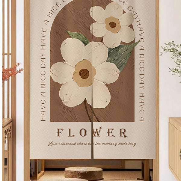 Cream door curtain with peach tulip floral design, green leaves, and "HAVE A NICE DAY" arched text.