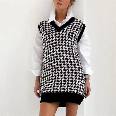 Chaleco Suéter Suelto Cuello V Estampado Pata de Gallo para Mujer - Image 9